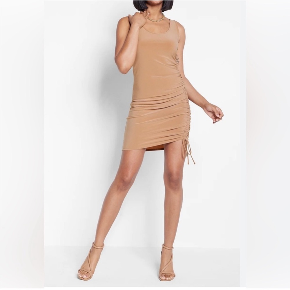 NWT Express Women’s Matte Jersey Ruched Side Tie Mini Dress Pecan XS